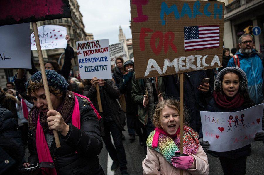 Protesters march in Barcelona, Spain