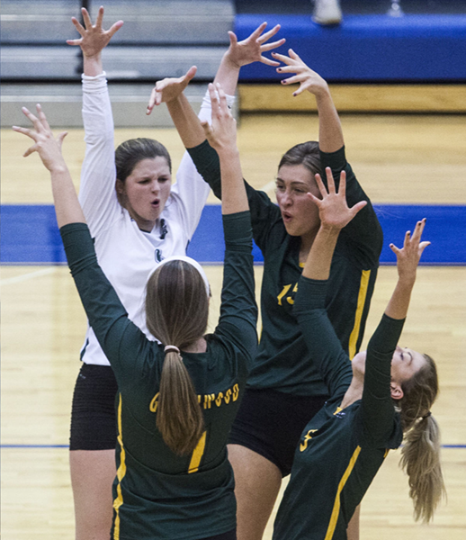 Alexa Davis (top right), Brittany Reels (top left), Leah Martens (bottom left), and Zoe Whitson celebrate after scoring a point for their team.