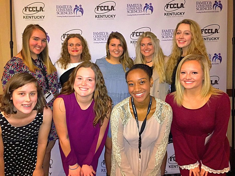 (top row from left to right) Madison Evans, Anne-Claire Jones, Rachel Douglas, Samantha Springs, Chandler Flynt, (bottom row from left to right) Andrea Colburn, Hope Frederick, Rosemary Jackson, and Allie Moore attended the state FCCLA conference on March 19-22.