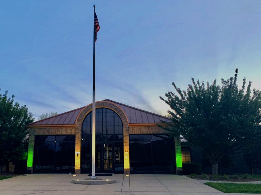 Warren County Schools Central Office lit in honor of the lives lost and in hope of brighter days to come. Image and quote from Warren County Public Schools on Twitter @WarrenCoSchools, April 27, 2020.