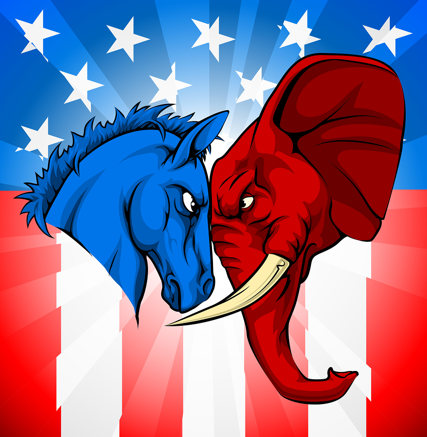 American politics or election debates concept with animal mascots of the democrat and republican political parties. Donkey and elephant facing off.